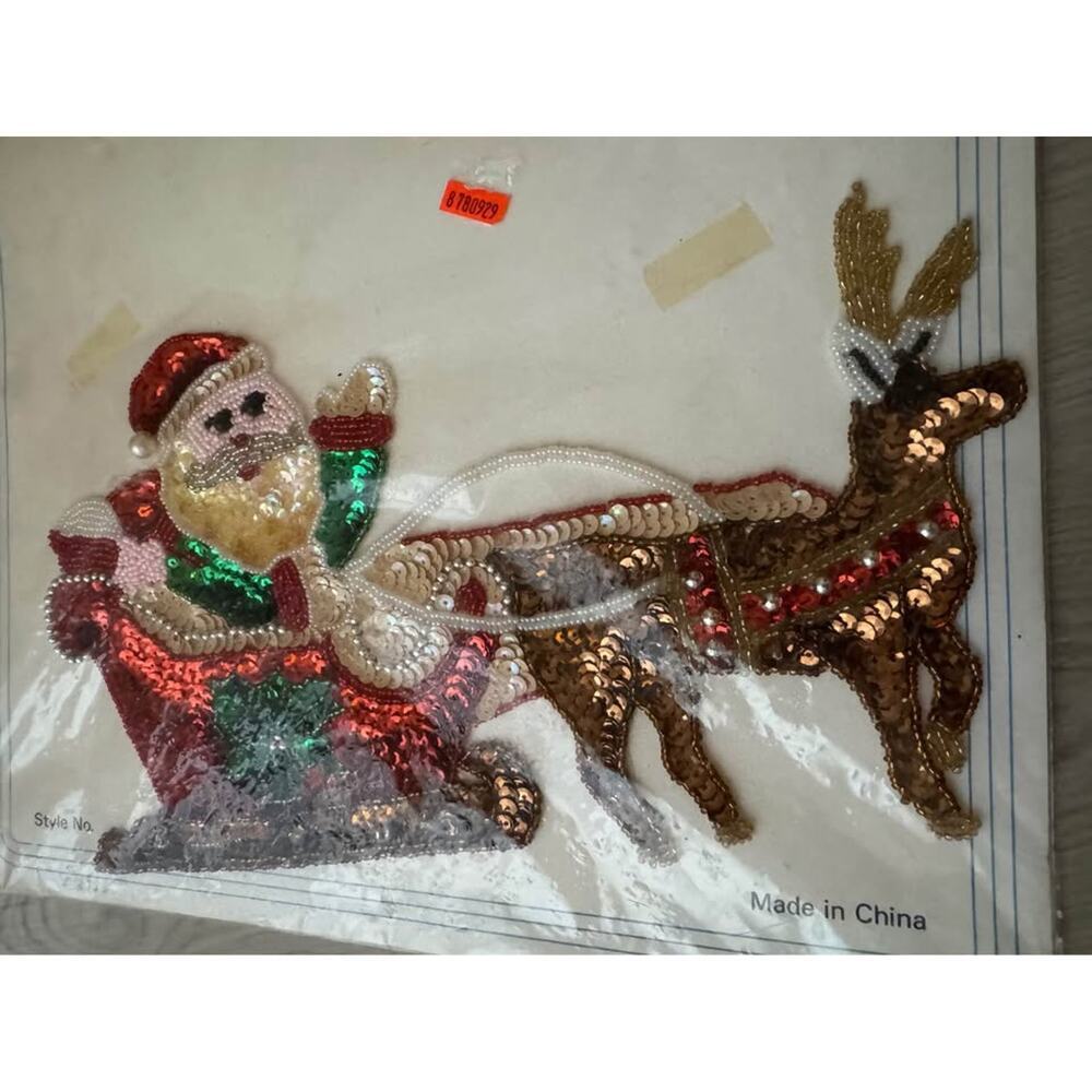 New Vintage Large Christmas Santa Sleigh Reindeer Sequin Applique Patch